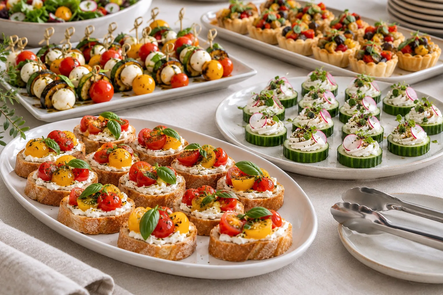Vegetarisches Fingerfood auf schlichten Servierplatten mit bereitgelegtem Vorlegebesteck.